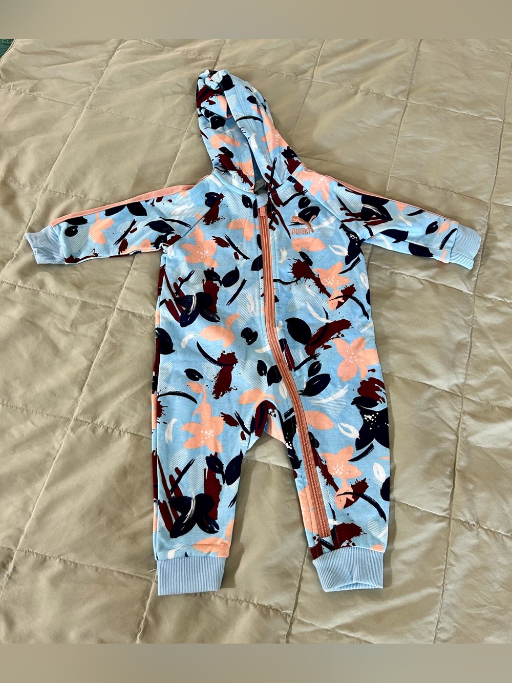Puma Hooded Floral Zip One-Piece Bodysuit Blue & Peach Baby Size 3-6 Months, NWT